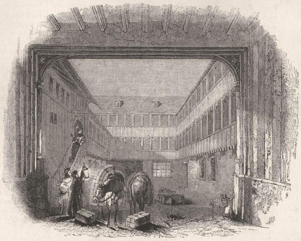 BUILDINGS. An Inn Yard 1845 old antique vintage print picture